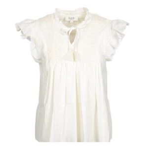 Sea New York XXS White‎ Cotton Smocked Ruffle Sleeve Tie Neck Top
